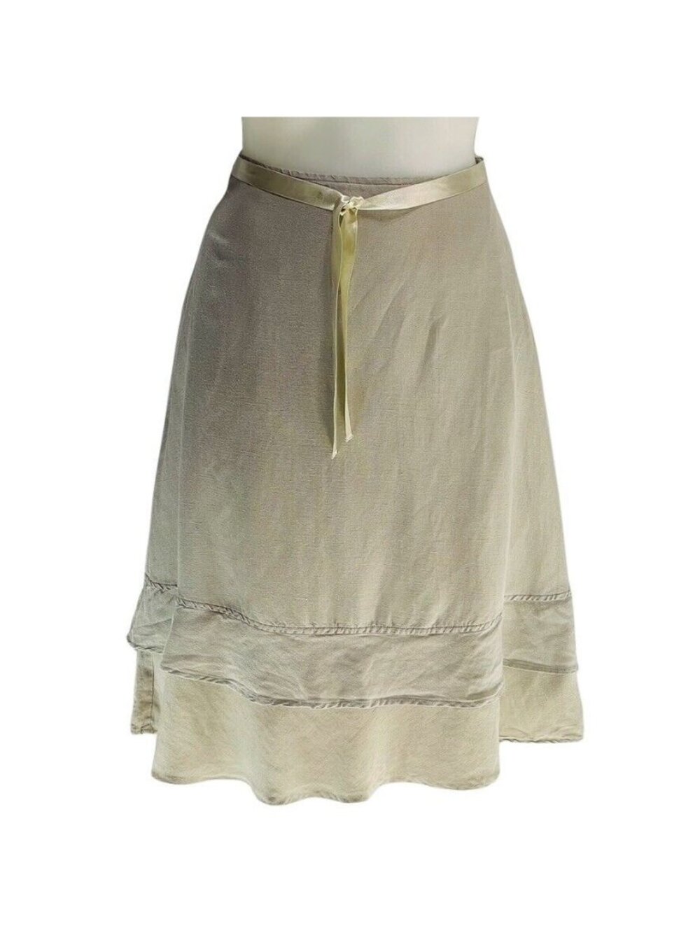 K. JORDAN Skirt Linen Blend Beige A-Line Skirt With Satin Ribbon Tie